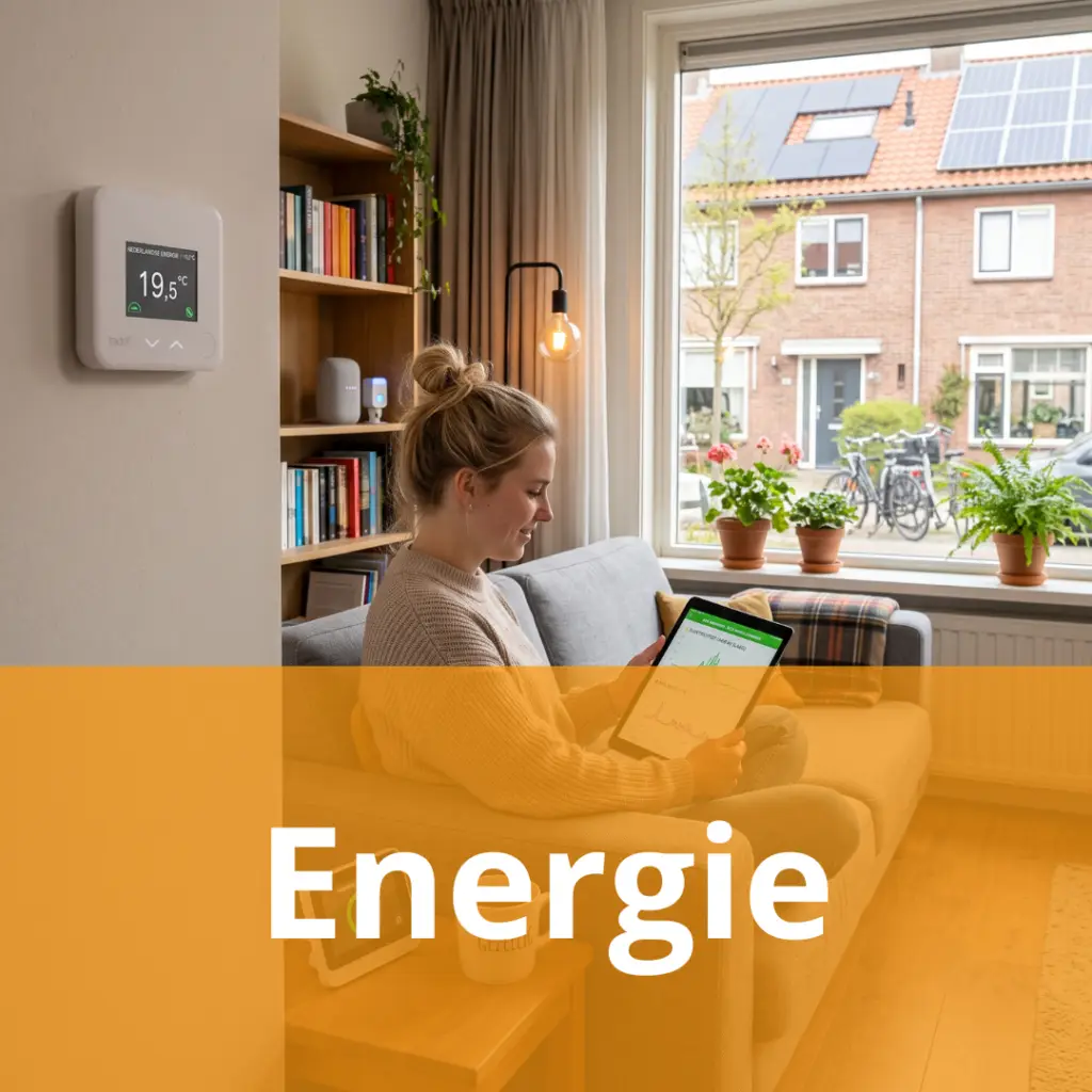 Woman relaxing on a sofa at home, looking at an energy dashboard on a tablet.