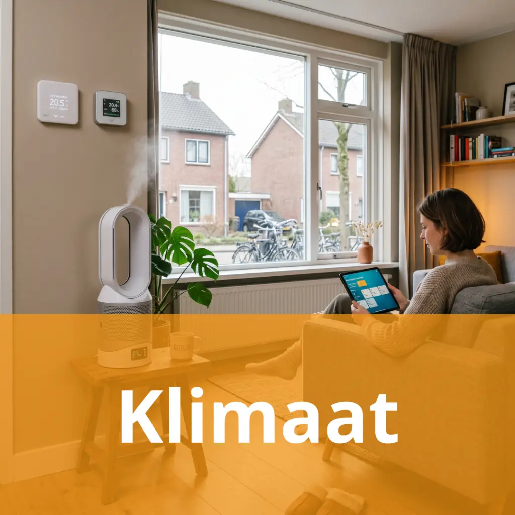 Living room scene with a woman on a sofa using a tablet; an orange overlay with 'Klimaat' covers the bottom, a bladeless fan and plant on a wooden table nearby.