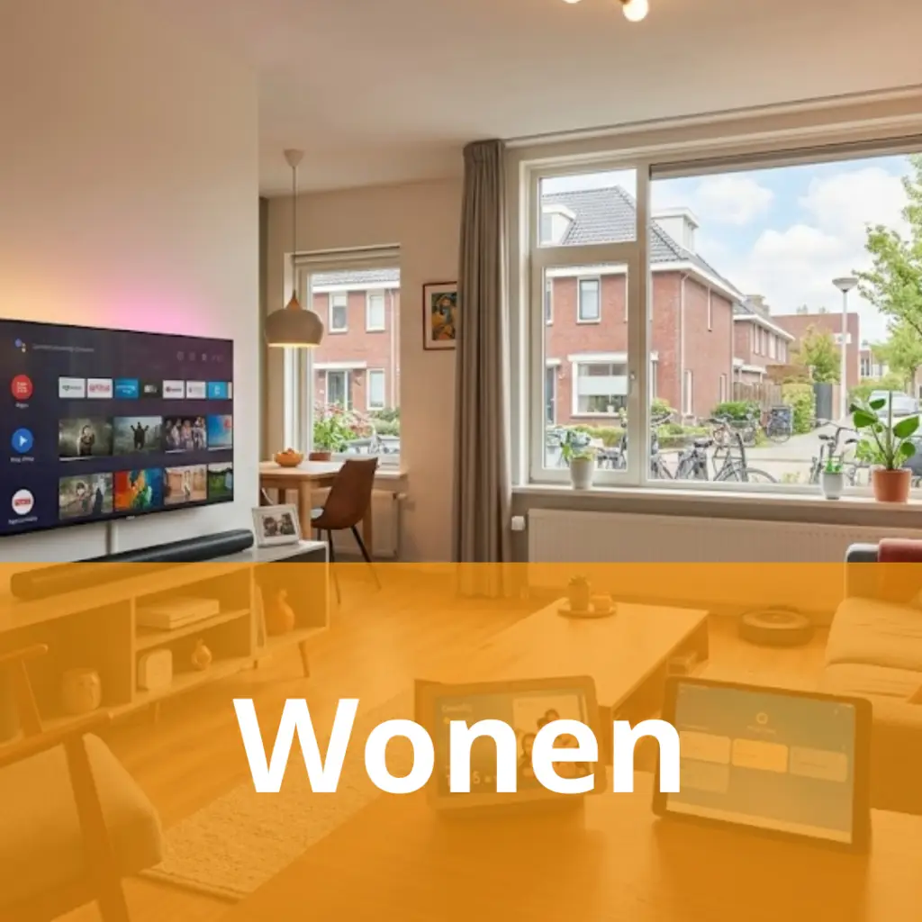 Bright living room interior with a large window overlooking a residential street; wall-mounted TV, wooden coffee table, and seating create a cozy, modern space.