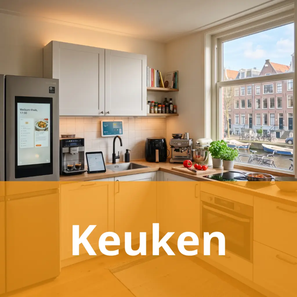 Bright modern kitchen with white cabinets, stainless fridge, and a large window; orange overlay with the word 'Keuken'.