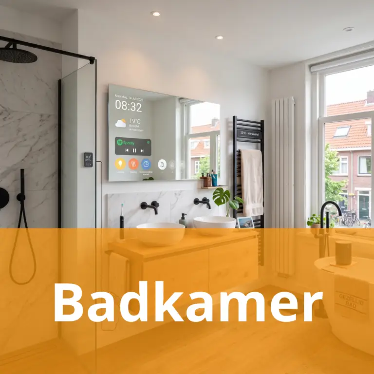 Bright, modern bathroom with double sinks, large mirror, and glass shower, overlaid by an orange banner that reads 'Badkamer'.