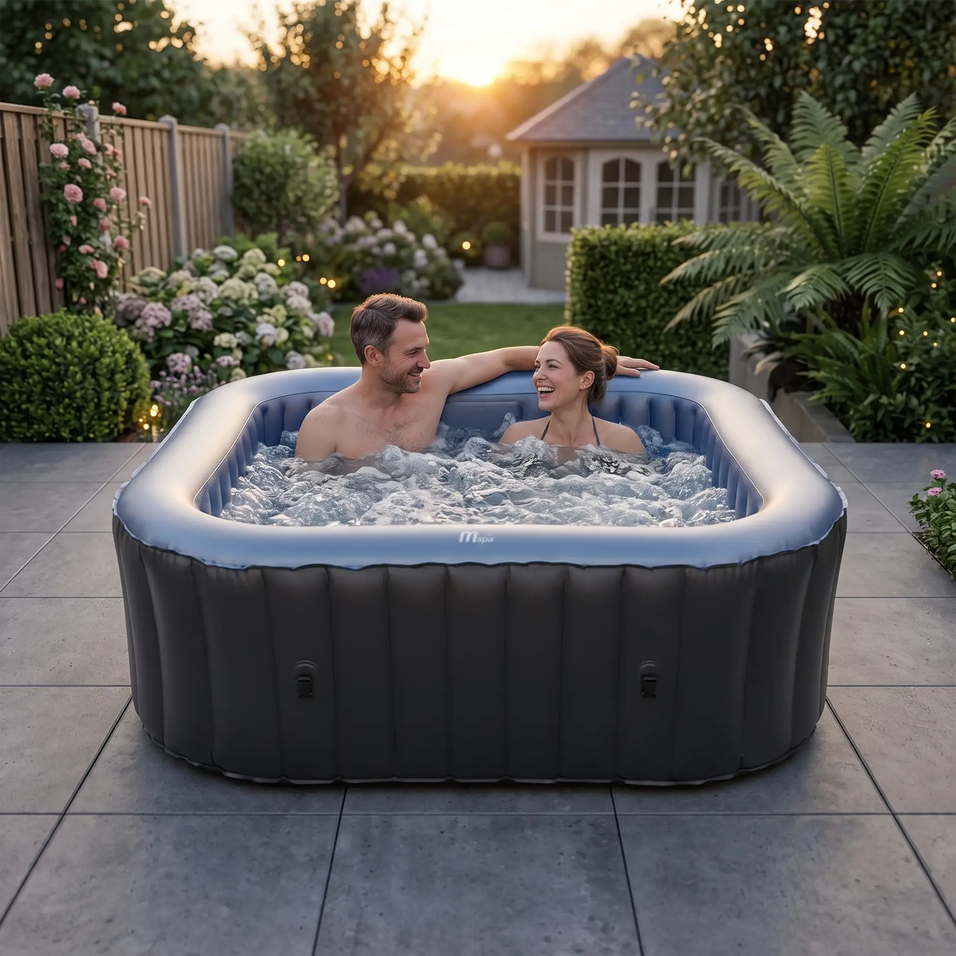 Couple relaxing in a blue inflatable hot tub in a lush garden at sunset, smiling at each other.