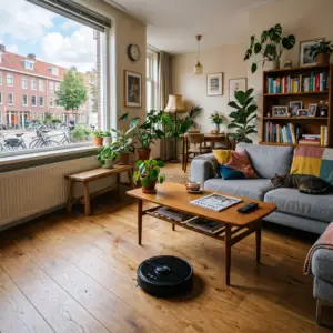 Robot vacuum on a wooden floor in a bright living room with a gray sofa, coffee tables, plants, and a bookshelf; a cat naps on the sofa.
