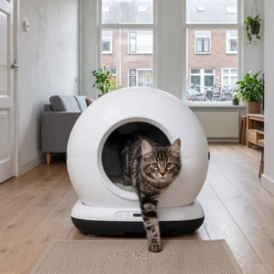 Automatische kattenbak in een moderne woonkamer