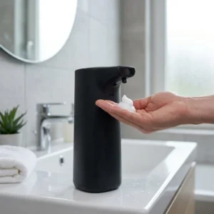 Mat zwarte automatische zeepdispenser met sensor geeft schuimzeep op een hand bij een witte wastafel in de badkamer