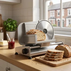 Elektrische RVS broodsnijmachine snijdt een vers desembrood in gelijke sneetjes op een houten aanrecht