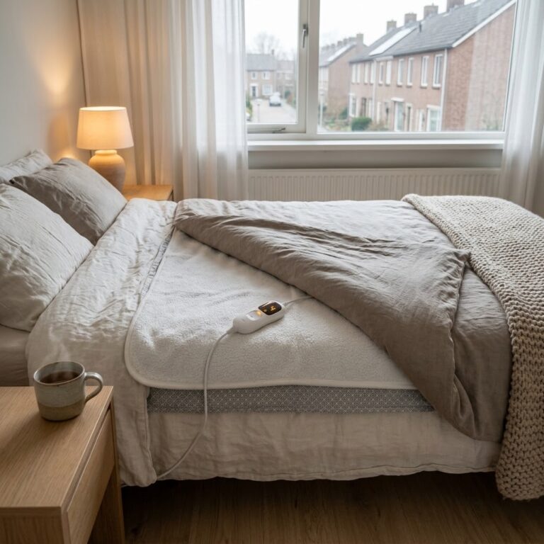Elektrische onderdeken op een tweepersoonsbed in een Nederlandse slaapkamer