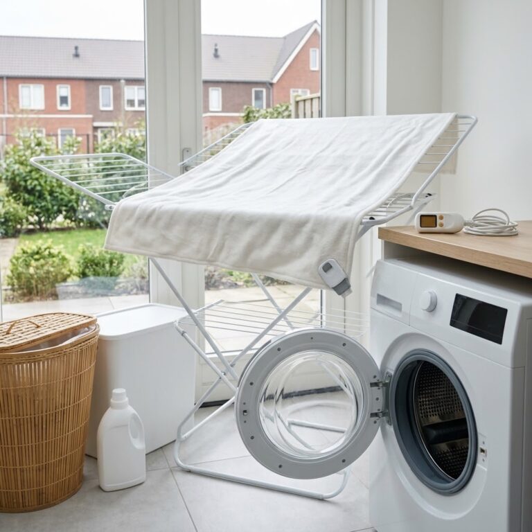 Gewassen elektrische deken drogend op een droogrek naast een wasmachine