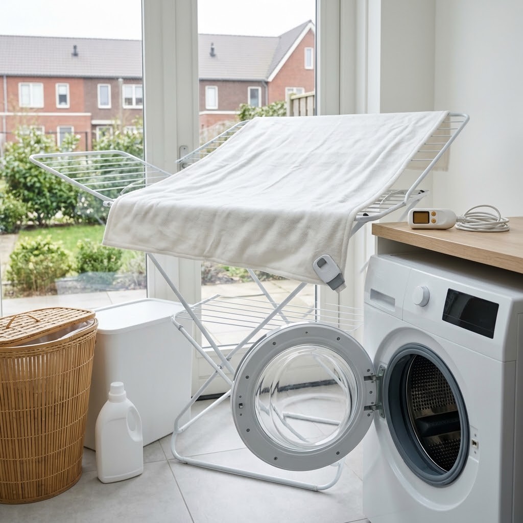 Gewassen elektrische deken drogend op een droogrek naast een wasmachine