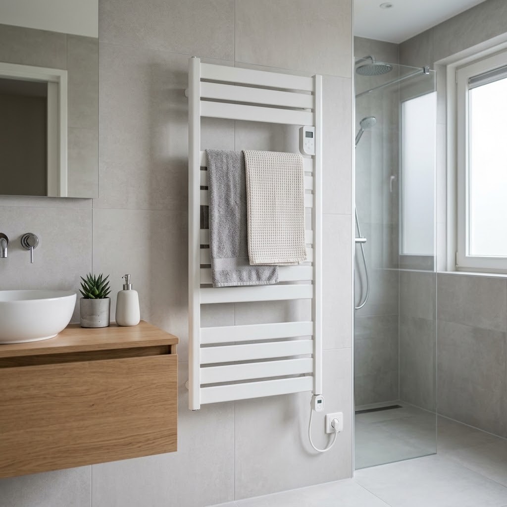 Witte elektrische handdoekradiator met handdoeken in een moderne Nederlandse badkamer