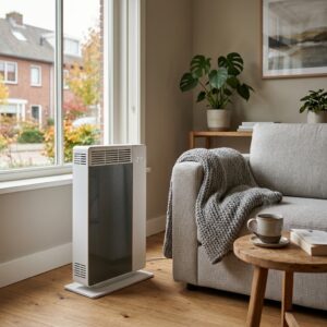 Elektrische convectorkachel naast de bank in een gezellige woonkamer