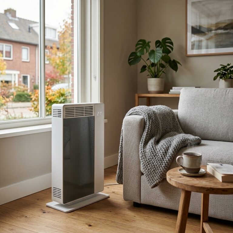 Elektrische convectorkachel naast de bank in een gezellige woonkamer