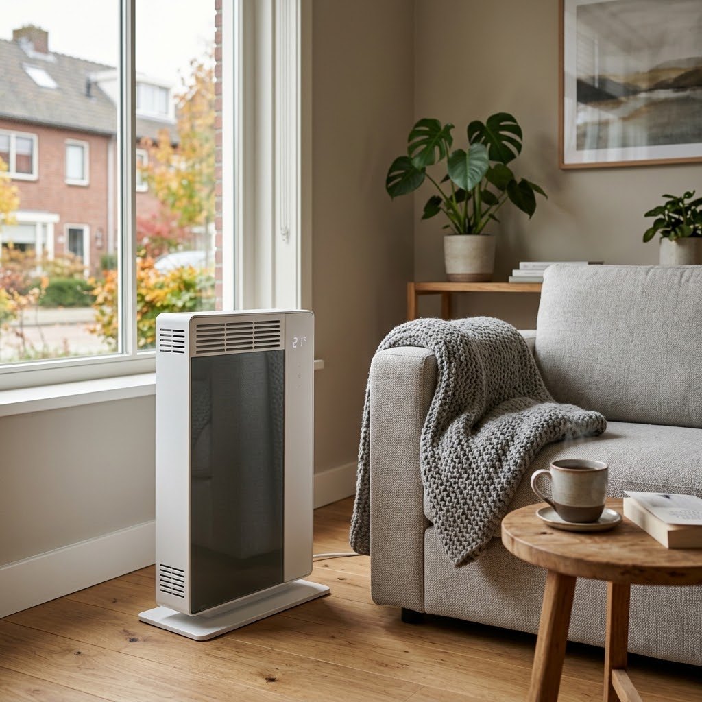 Elektrische convectorkachel naast de bank in een gezellige woonkamer