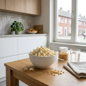 Kom met luchtgepofte popcorn zonder boter naast een pot popcornmais en een glas water op een houten tafel