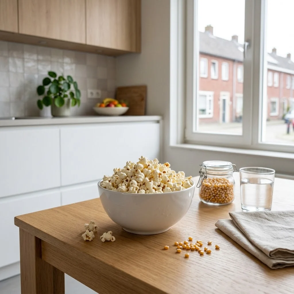 Kom met luchtgepofte popcorn zonder boter naast een pot popcornmais en een glas water op een houten tafel