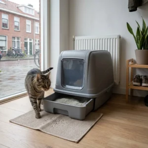 Grijze gesloten kattenbak met uitschuifbare lade en een cyperse kat op een kattenbakmat in een Nederlandse gang