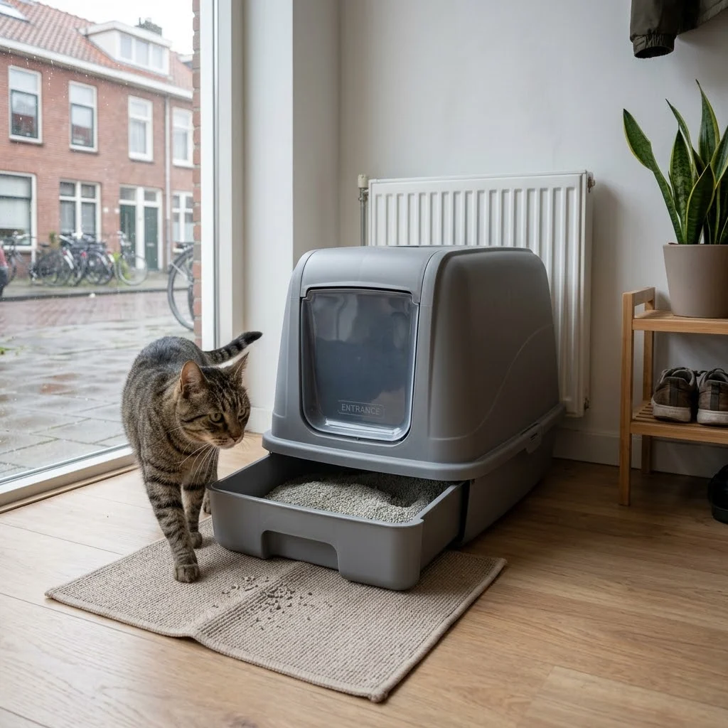 Grijze gesloten kattenbak met uitschuifbare lade en een cyperse kat op een kattenbakmat in een Nederlandse gang
