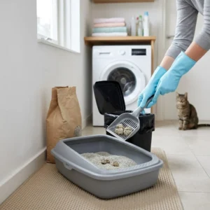 Kattenbak schoonmaken: klontjes scheppen uit een grijze kattenbak met handschoenen en een kattenbakschep in een bijkeuken