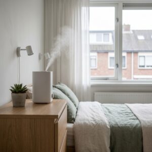 Witte luchtbevochtiger op een ladekast in een lichte Nederlandse slaapkamer