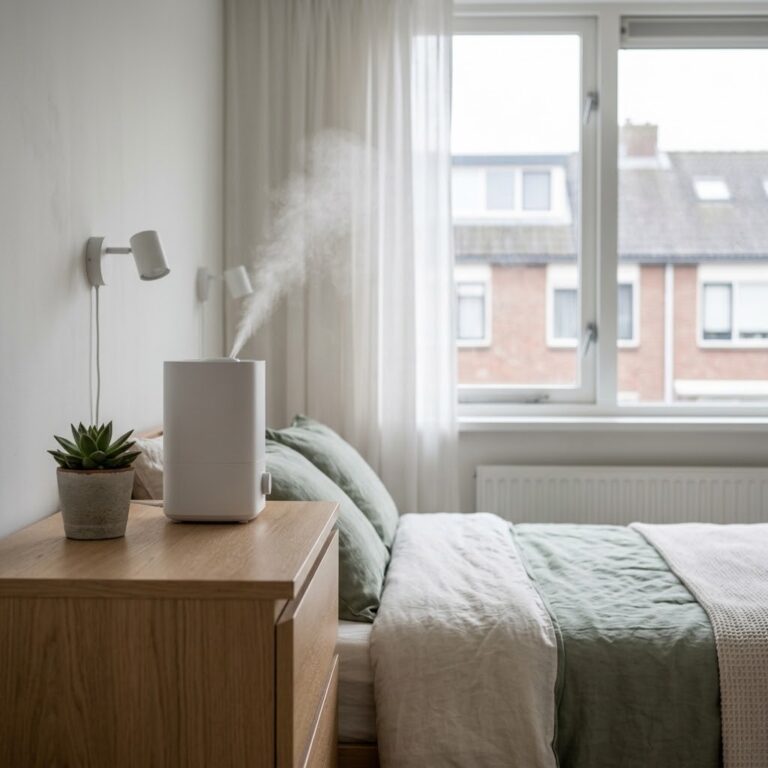 Witte luchtbevochtiger op een ladekast in een lichte Nederlandse slaapkamer
