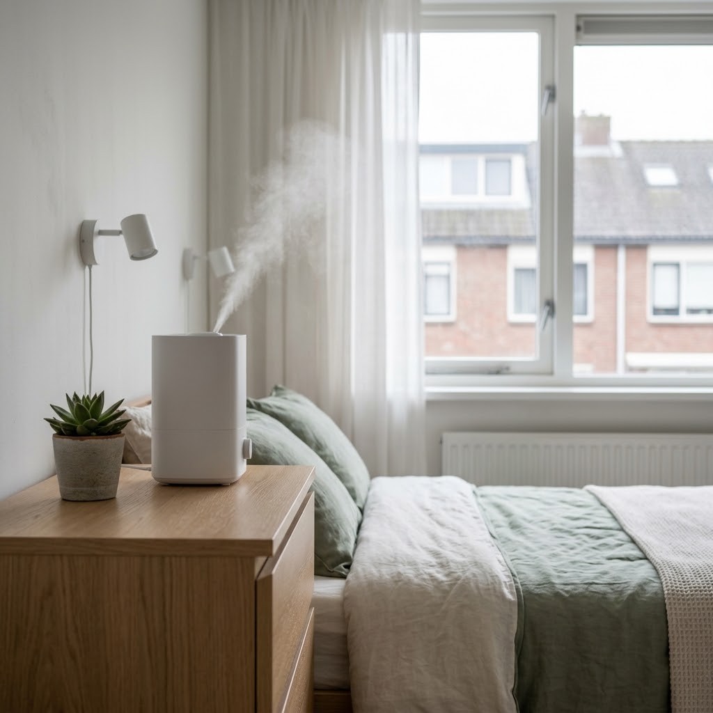 Witte luchtbevochtiger op een ladekast in een lichte Nederlandse slaapkamer