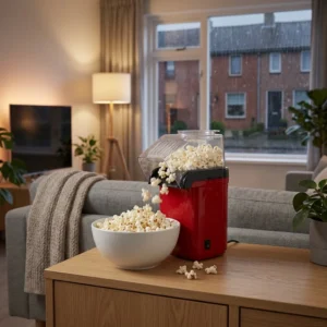 Rode hetelucht-popcornmachine die verse popcorn in een witte kom blaast tijdens een filmavond in een Nederlandse woonkamer