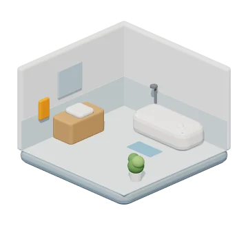 3D-illustratie van een badkamer met bad, wastafel en spiegel