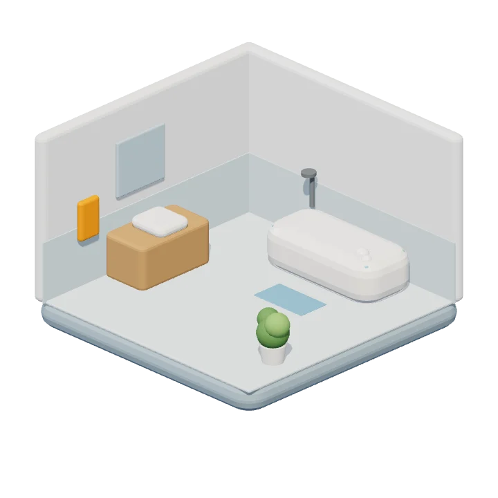 3D-illustratie van een badkamer met bad, wastafel en spiegel