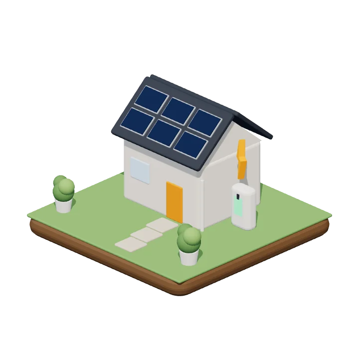 3D-illustratie van een huis met zonnepanelen en thuisbatterij