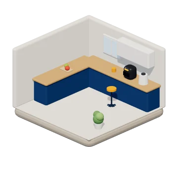 3D-illustratie van een keuken met airfryer, waterkoker en blauwe kasten