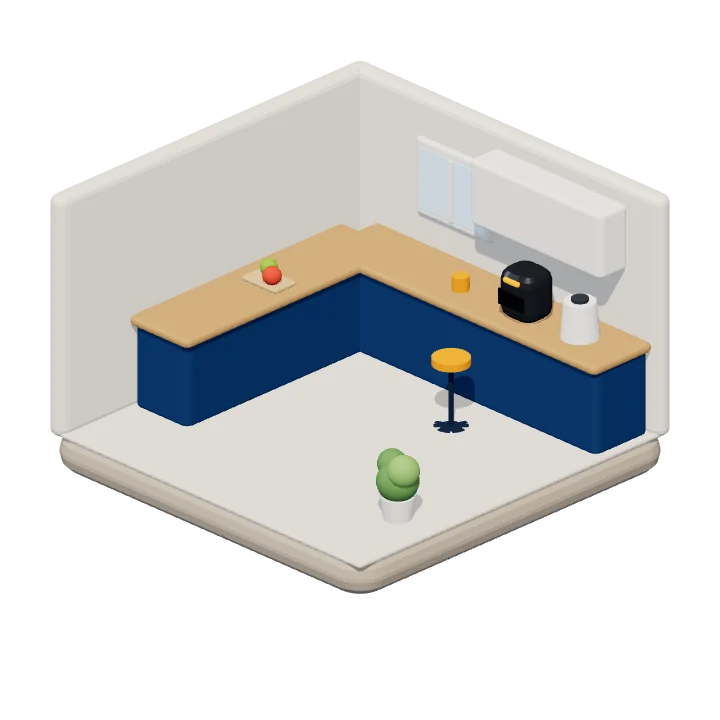3D-illustratie van een keuken met airfryer, waterkoker en blauwe kasten