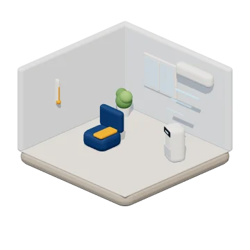 3D-illustratie van een kamer met airco, luchtontvochtiger en thermometer