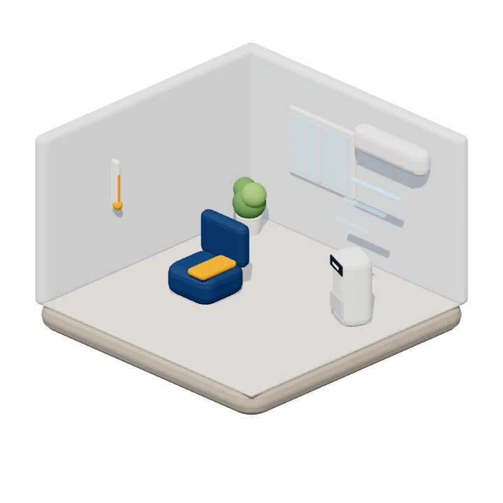 3D-illustratie van een kamer met airco, luchtontvochtiger en thermometer