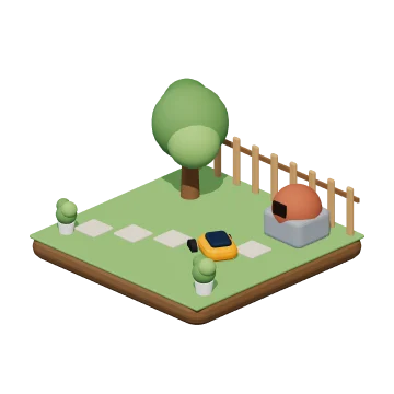 3D-illustratie van een tuin met boom, robotmaaier en pizzaoven
