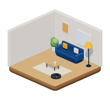 3D-illustratie van een woonkamer met bank, robotstofzuiger en vloerlamp