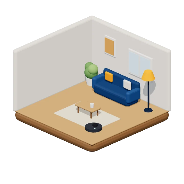 3D-illustratie van een woonkamer met bank, robotstofzuiger en vloerlamp