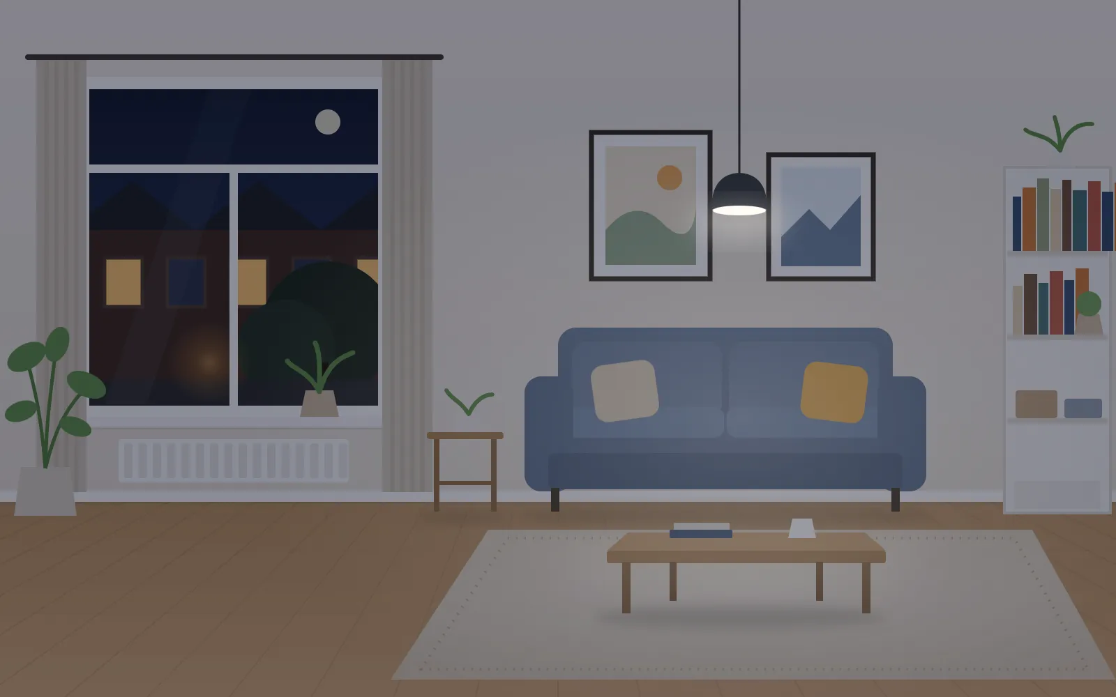 Voor: dezelfde woonkamer ’s avonds, alleen verlicht door de hanglamp