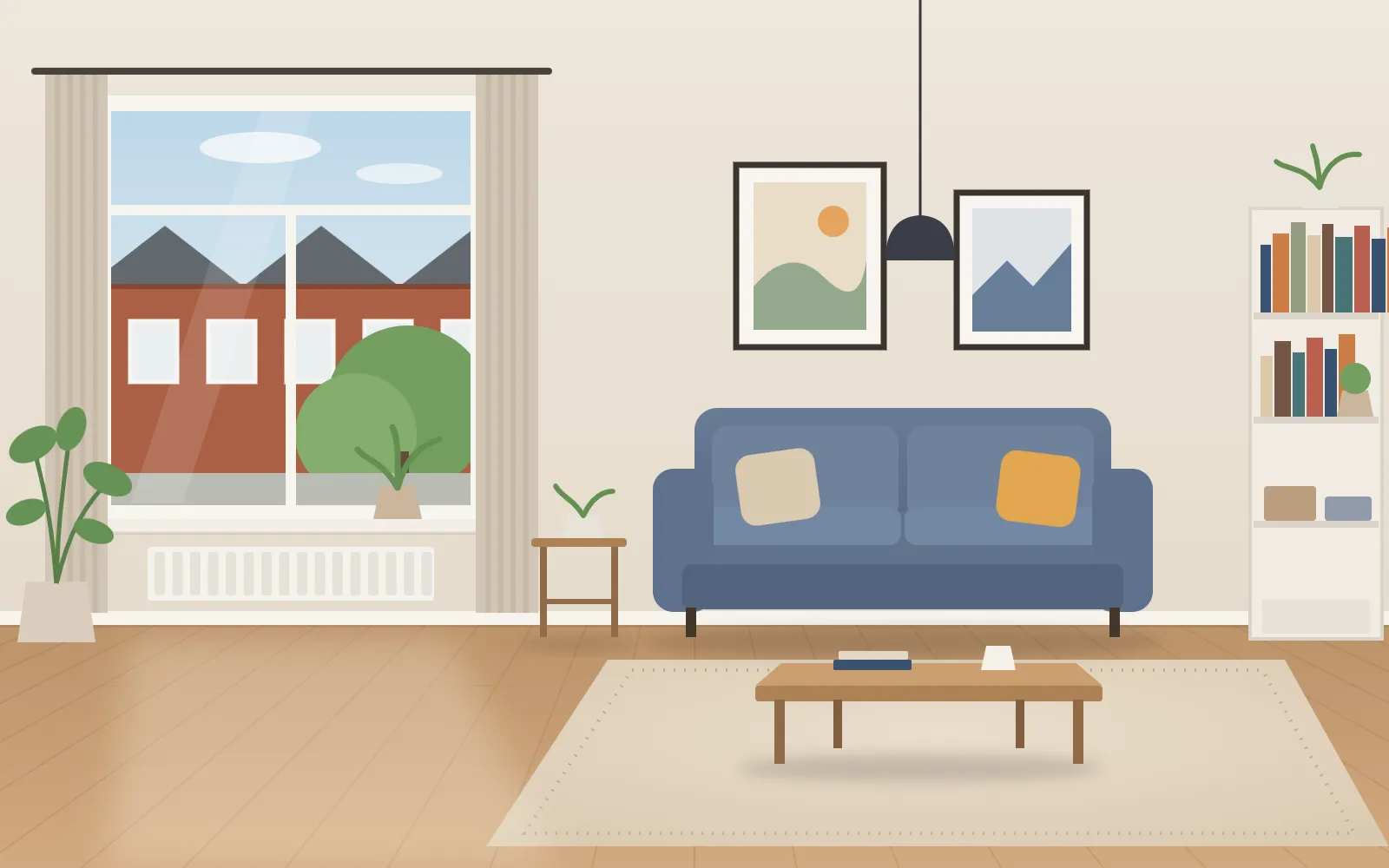Voor: lichte Nederlandse woonkamer overdag met blauwe bank, salontafel en groot raam, zonder upgrades