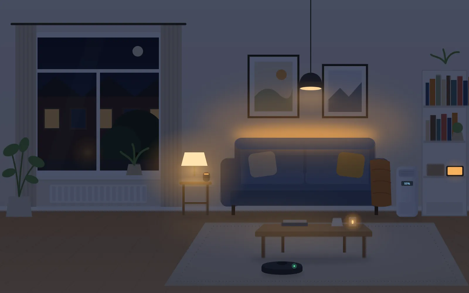 Na de upgrade: dezelfde woonkamer ’s avonds met warme sfeerverlichting achter de bank, tafellamp en slimme apparaten