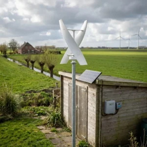 Kleine verticale windturbine op een paal naast een tuinhuis met zonnepaneel in een Nederlands polderlandschap