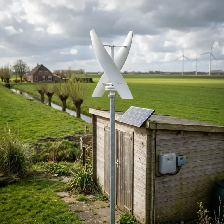 Kleine verticale windturbine op een paal naast een tuinhuis met zonnepaneel in een Nederlands polderlandschap