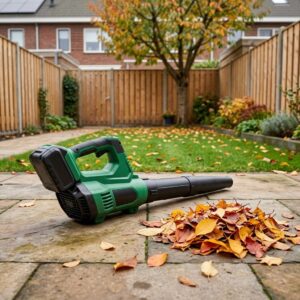 Accu bladblazer op het terras naast een hoop herfstbladeren