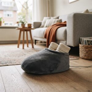 Elektrische voetenwarmer met voeten in wollen sokken op de vloer voor de bank