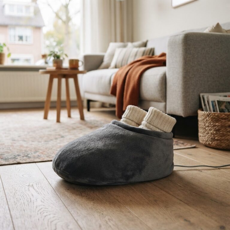 Elektrische voetenwarmer met voeten in wollen sokken op de vloer voor de bank