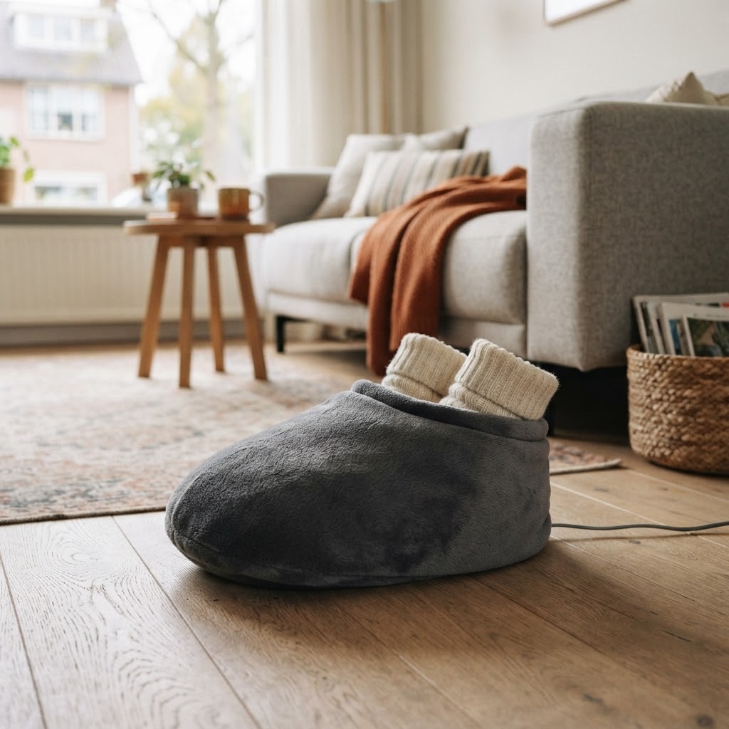 Elektrische voetenwarmer met voeten in wollen sokken op de vloer voor de bank