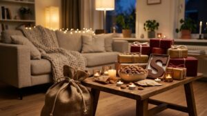 Sinterklaas cadeaus op een salontafel met chocoladeletter en pepernoten
