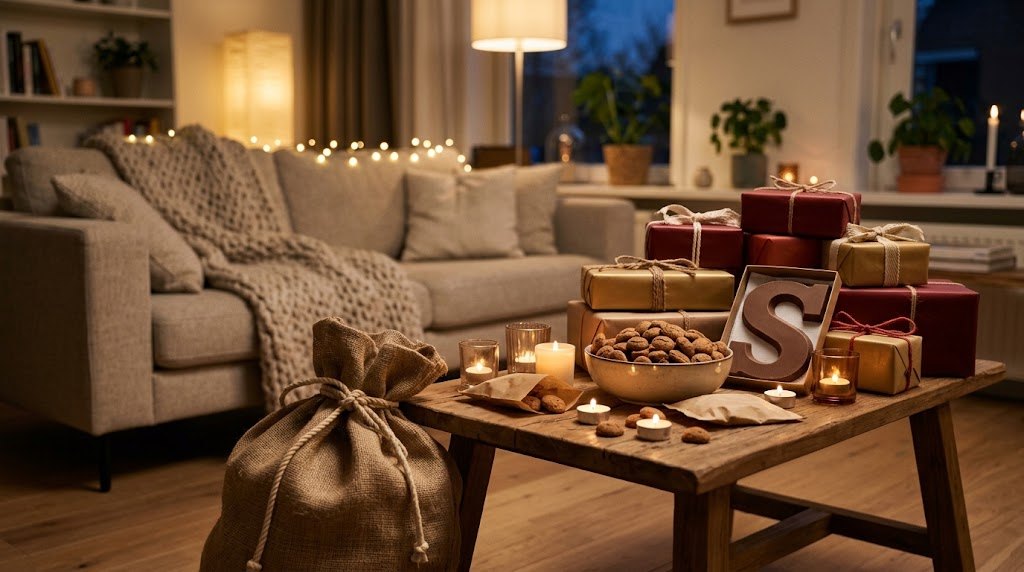 Sinterklaas cadeaus op een salontafel met chocoladeletter en pepernoten