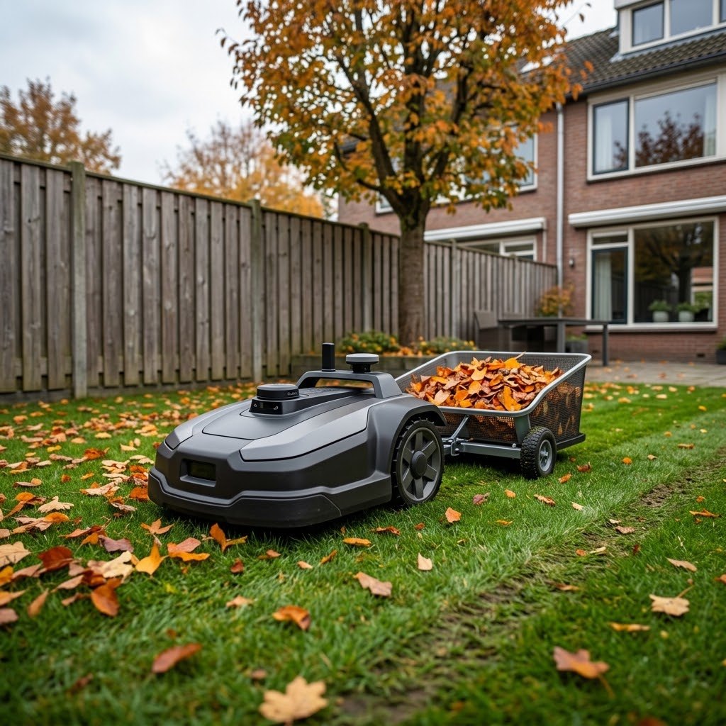 Robotmaaier die met een veegset bladeren verzamelt op het gazon