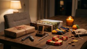 Sinterklaas cadeaus voor een man op een houten tafel met multitool en vleesthermometer