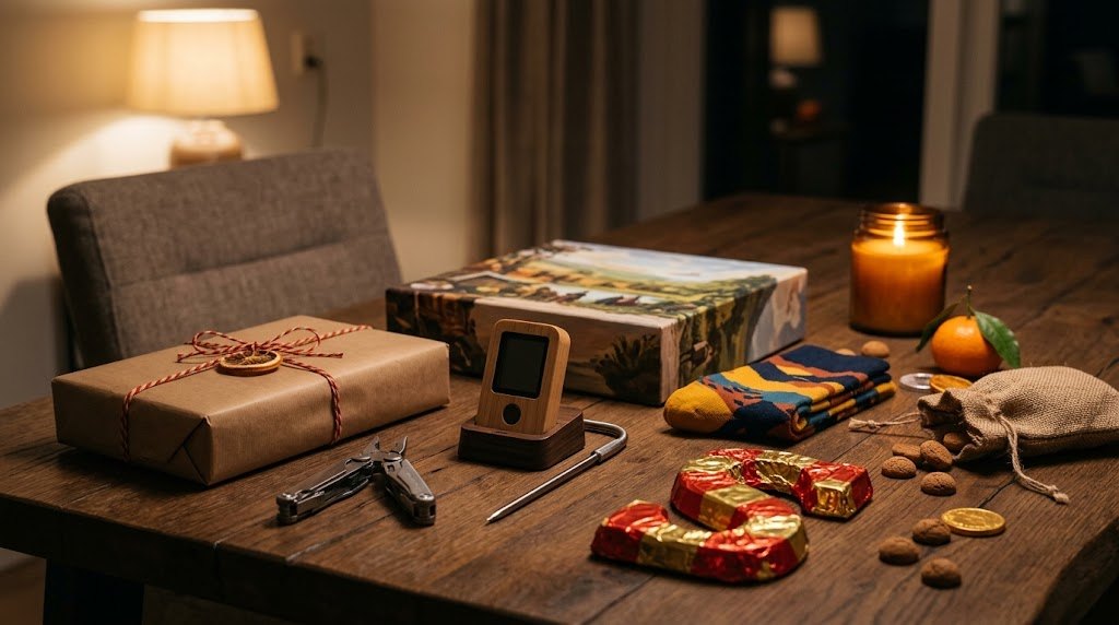 Sinterklaas cadeaus voor een man op een houten tafel met multitool en vleesthermometer